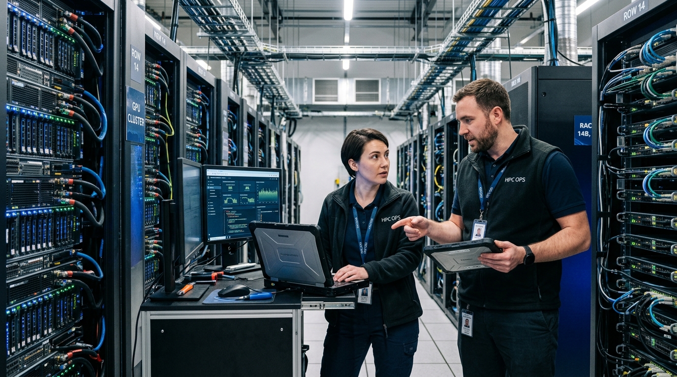 Two technicians working at an AI/HPC data center.