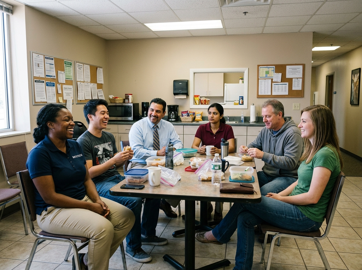 Data center employees having lunch together