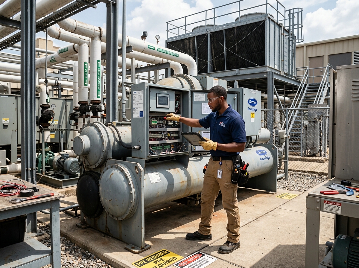 A man working in a chiller yard at a data center.