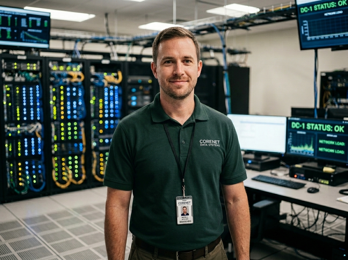 A man in a green polo standing in a data center, looking at the camera.