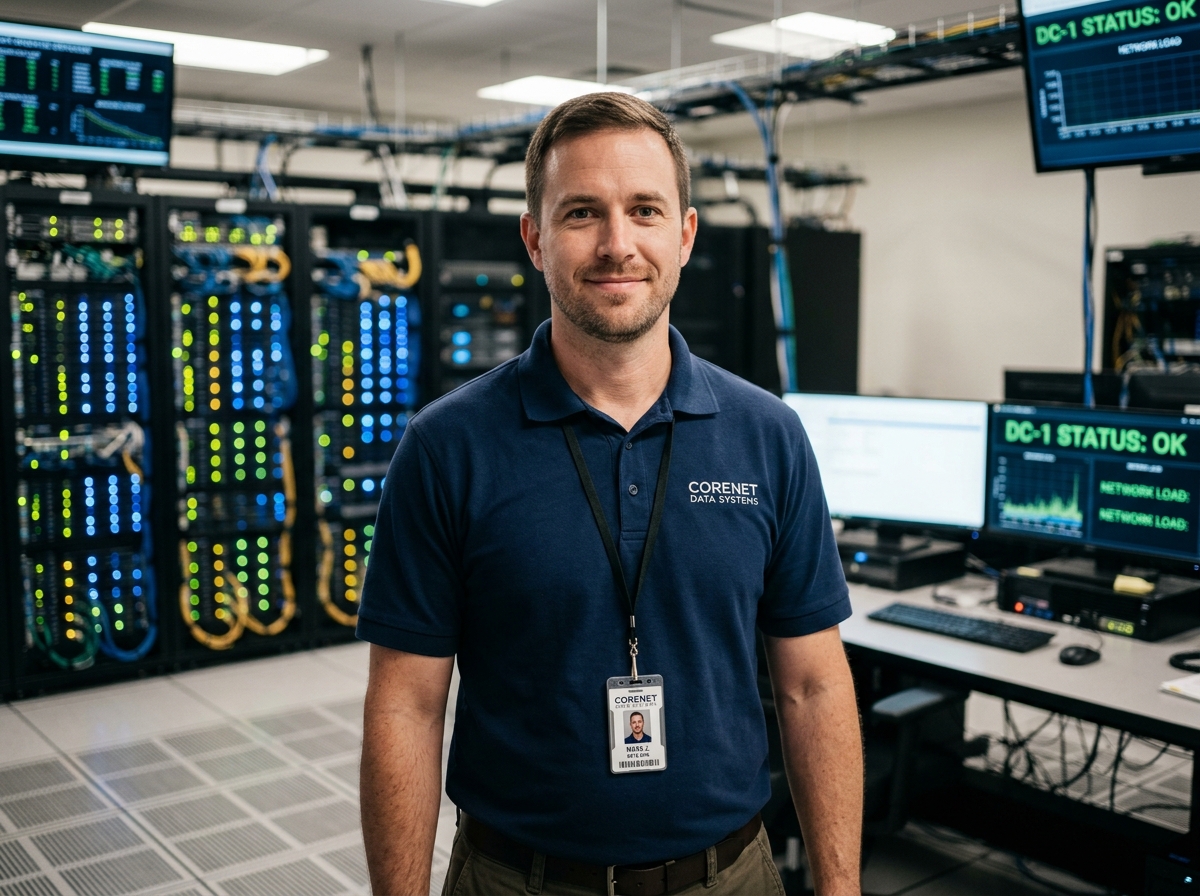 A man standing in a data center office space looking into the camera.