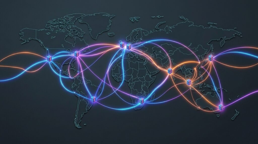 A world map with icons and lines representing interconnected data centers.