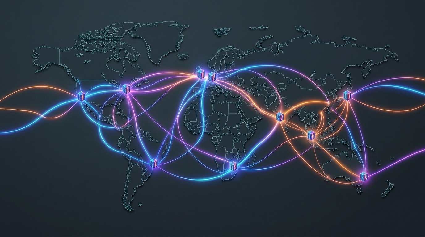 A world map with icons and lines representing interconnected data centers.