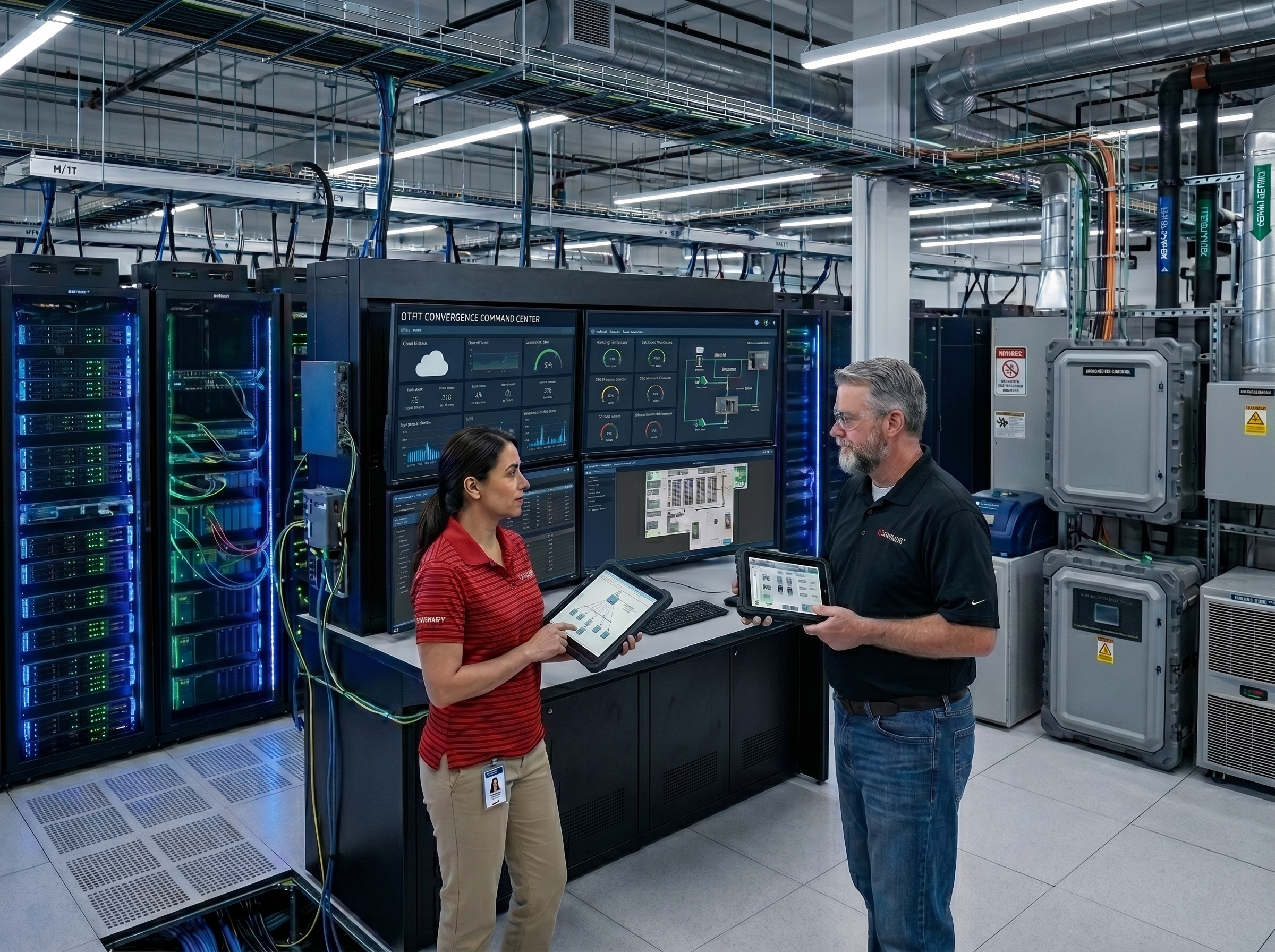 A man and a woman standing in a data center holding tablets.