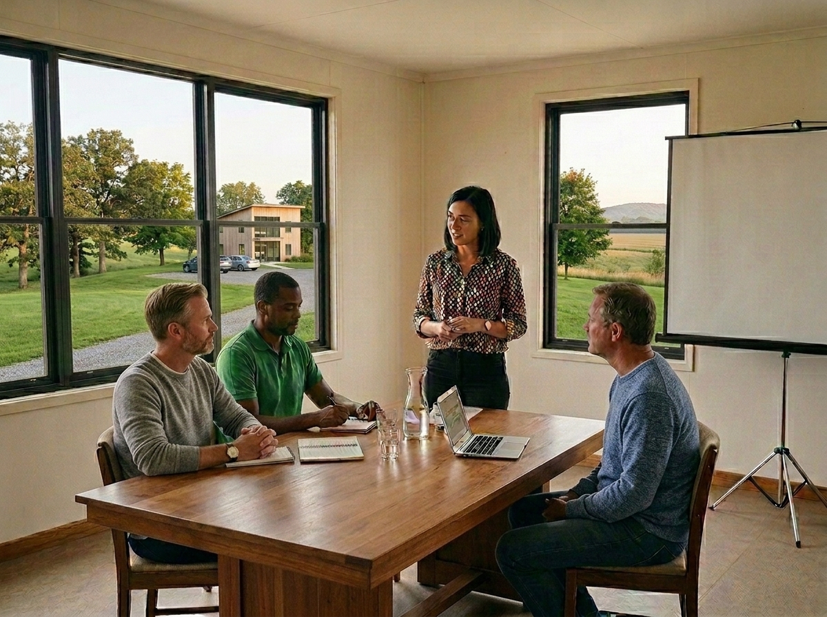 Four people sitting at a conference room table having a meeting.
