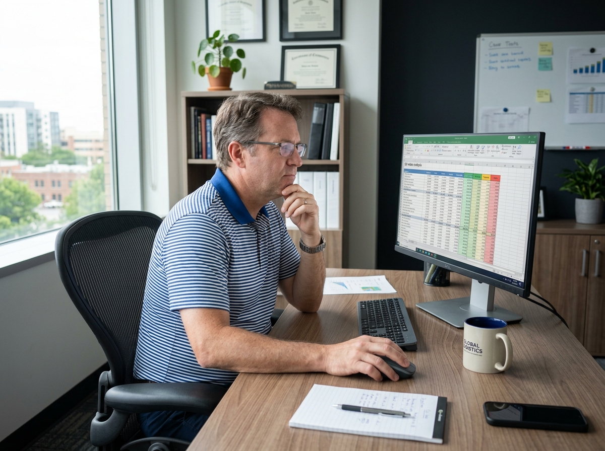 A man sitting at a desk reviewing data in disparate spreadsheets on his computer.
