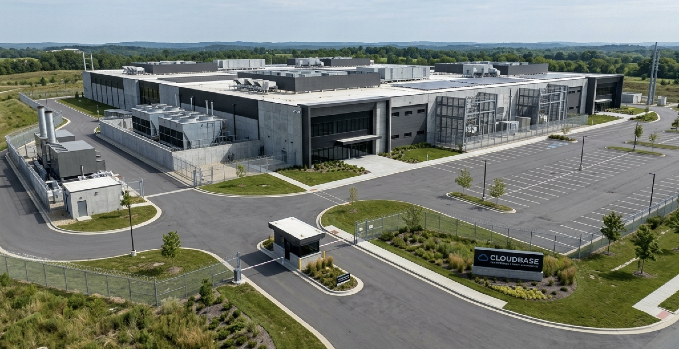 The exterior of a large data center, parking lot and entrance.