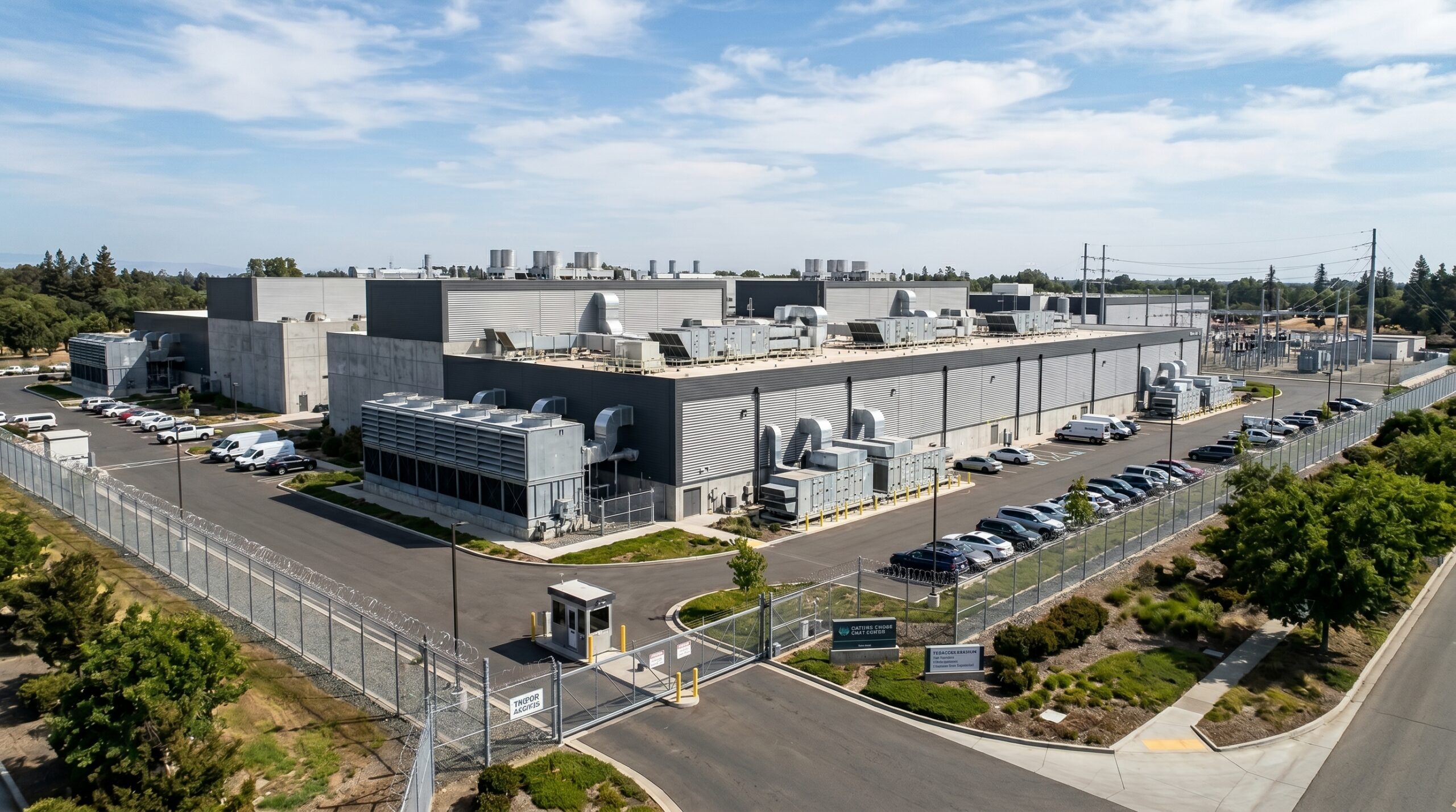 The exterior of a data center building and parking lot.