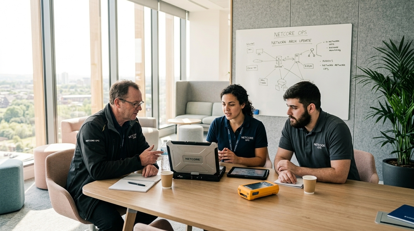 Three data center employees meeting in a conference room.