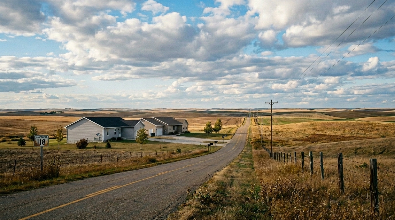 A rural country road with a couple of houses and a blue sky.