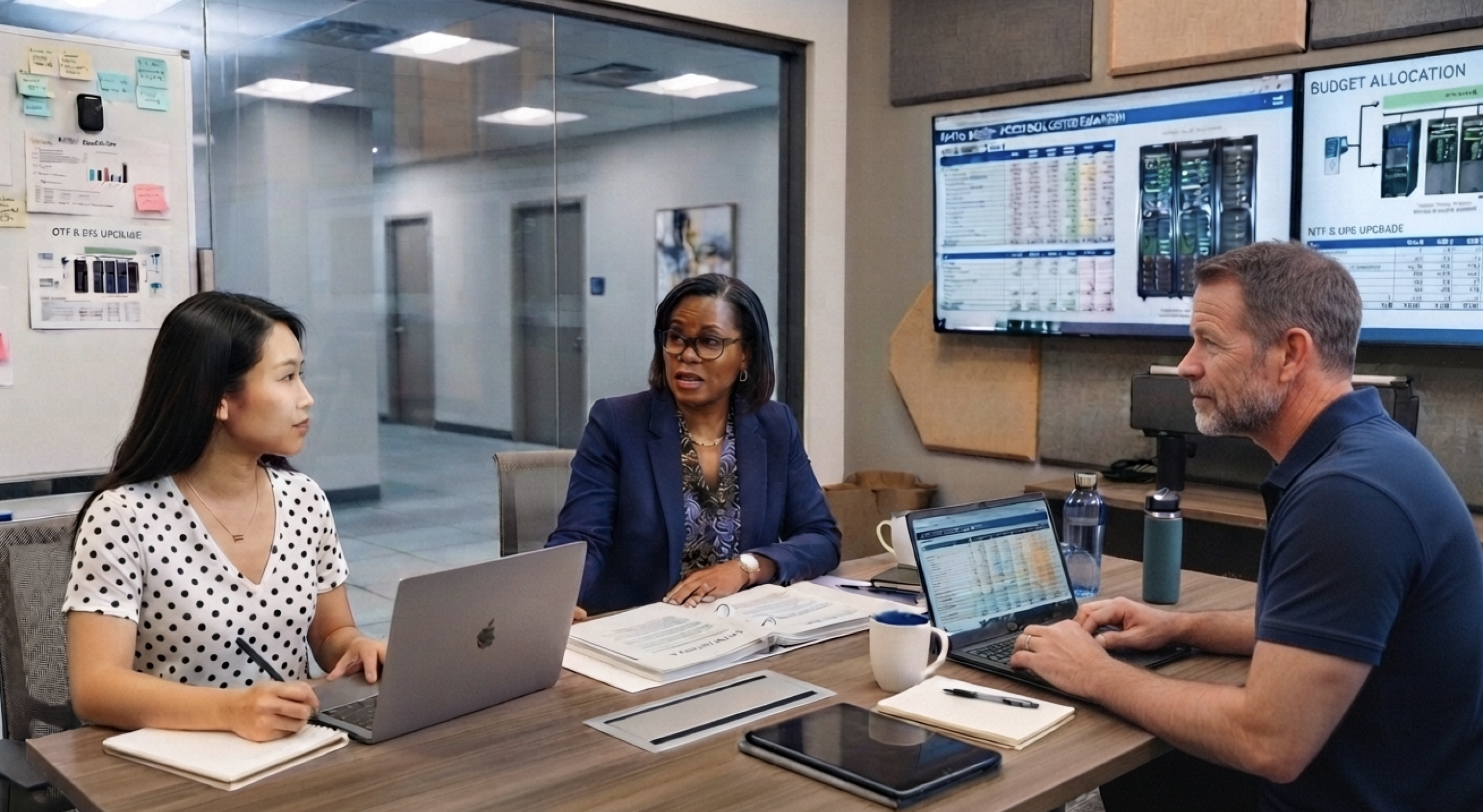 Three people in a data center conference room during a budget planning meeting.