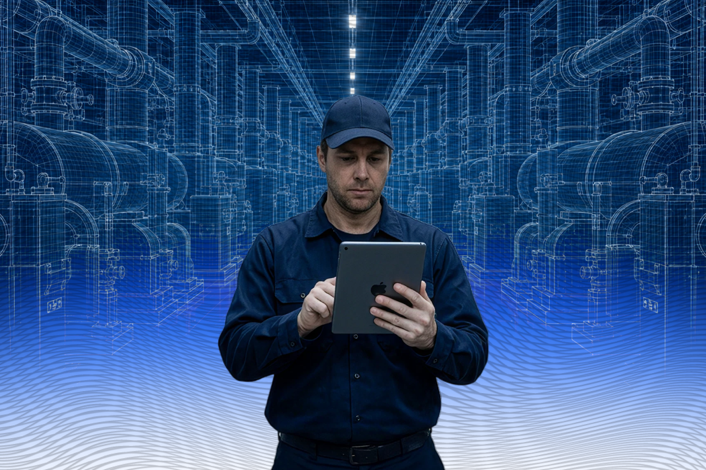 A male data center technician looking at a tablet.
