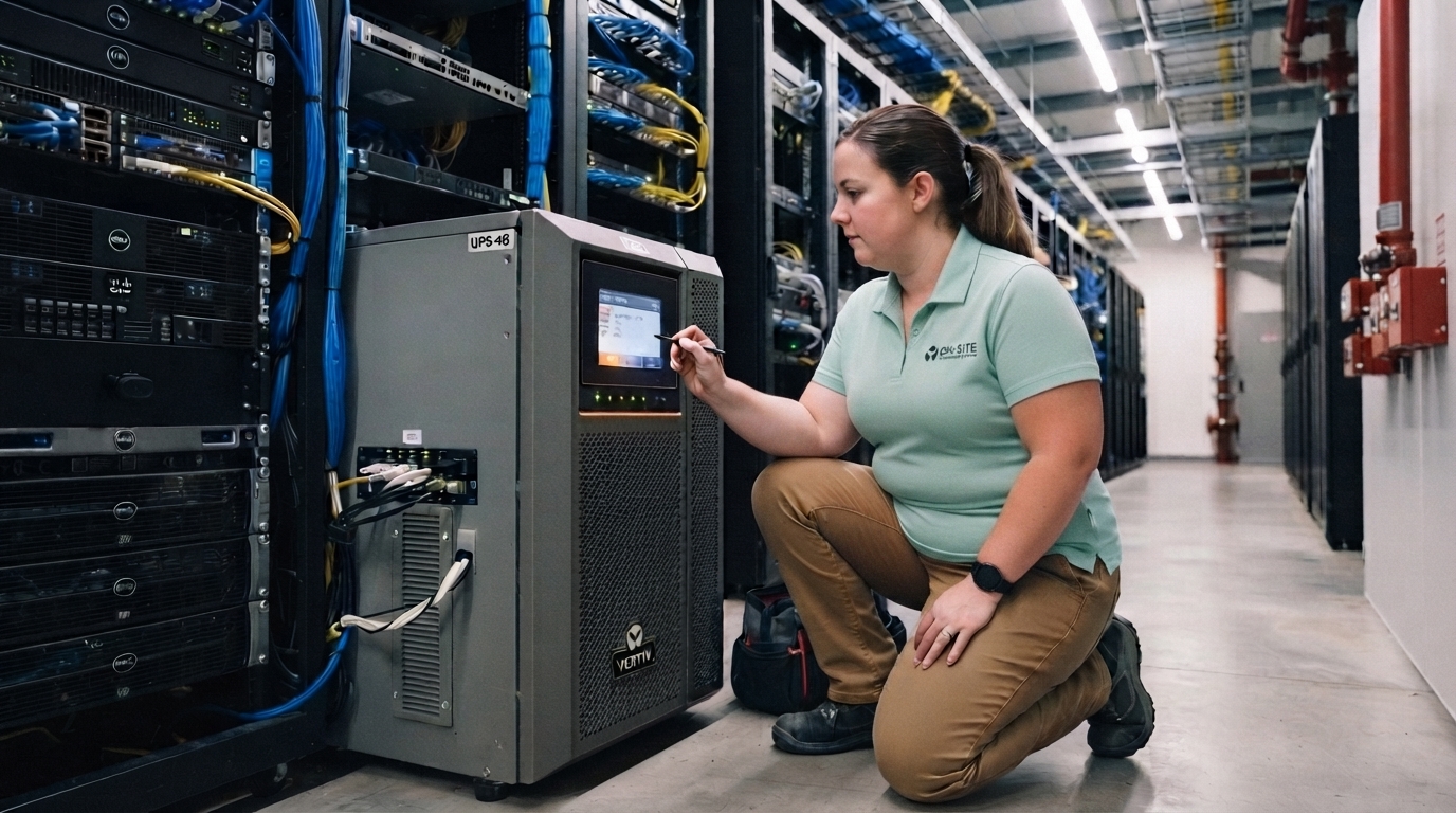A woman checking a sensor reading on a UPS inside of a colocated data center.