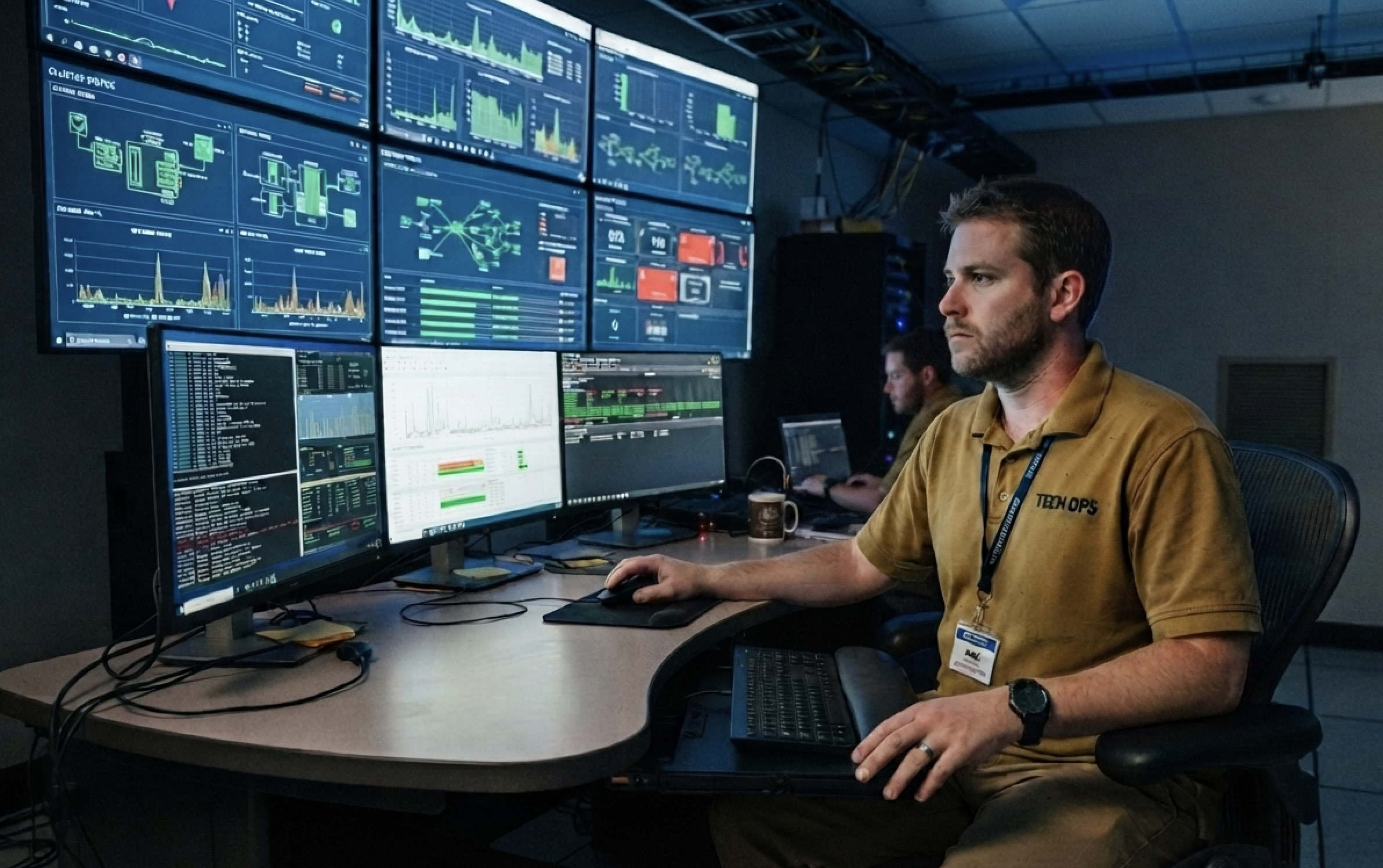 Two technicians in the network operations center (NOC) of a data center.