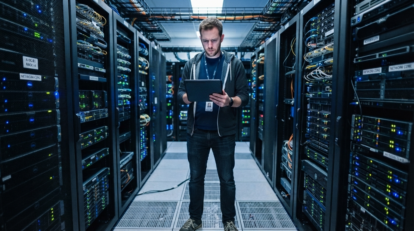 A man standing in a data center looking at an ipad.