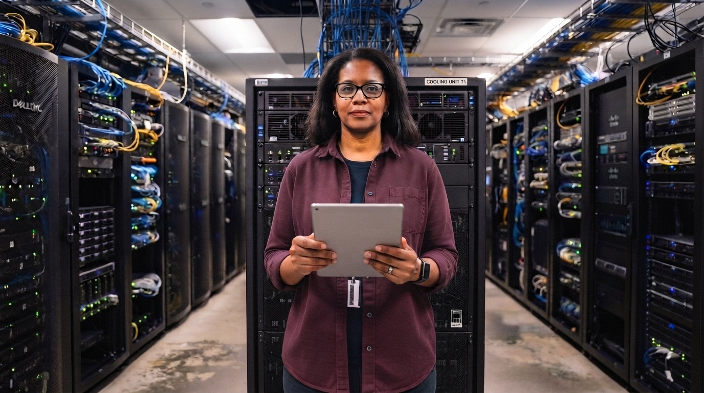 An African American female technician holding a tablet standing in a room with cooling racks inside a data center.