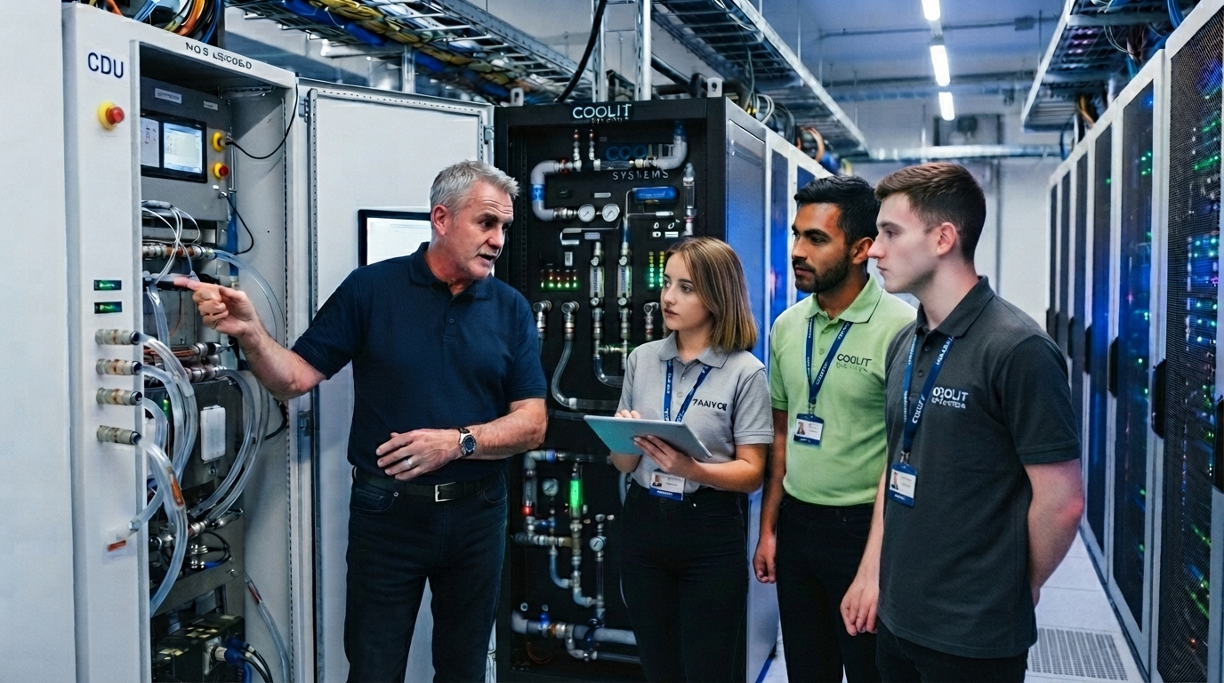 Three new data center technicians learning from a more experienced technician next to a coolant distribution unit (CDU).