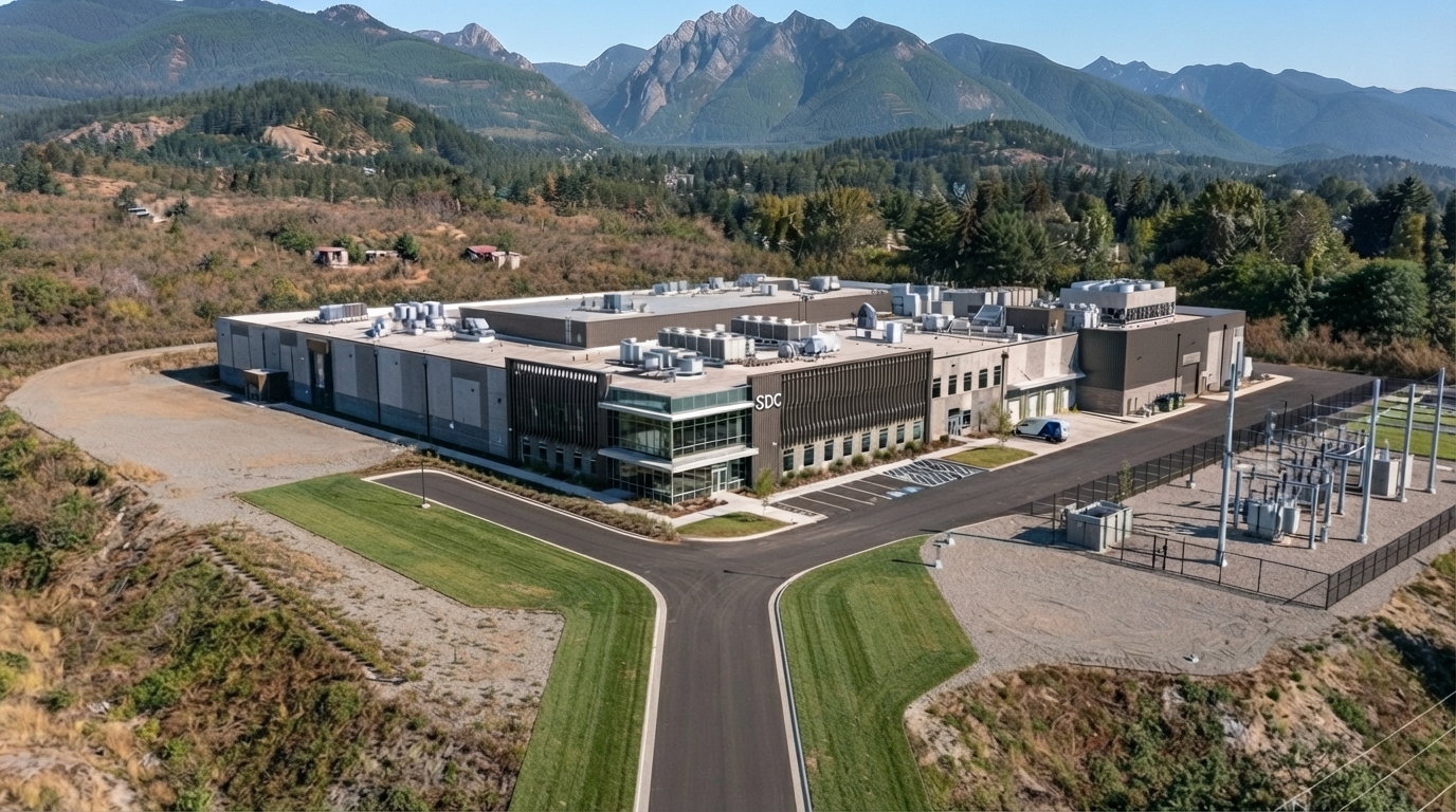 The exterior of a data center with mountains in the background.