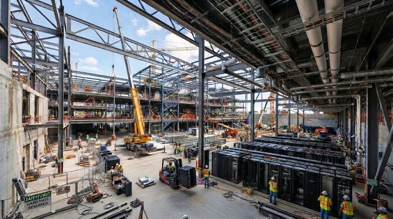 A data center being built with construction workers and equipment.