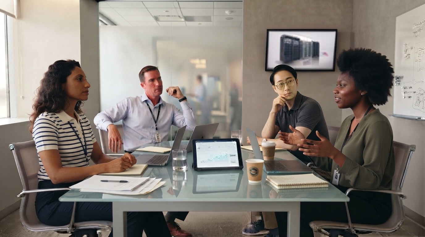 Four data center employees meeting in a conference room.