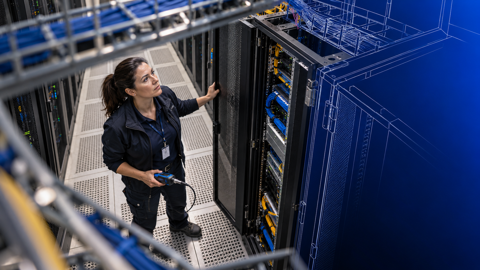 A technician performing a rack inspection inside a data center.